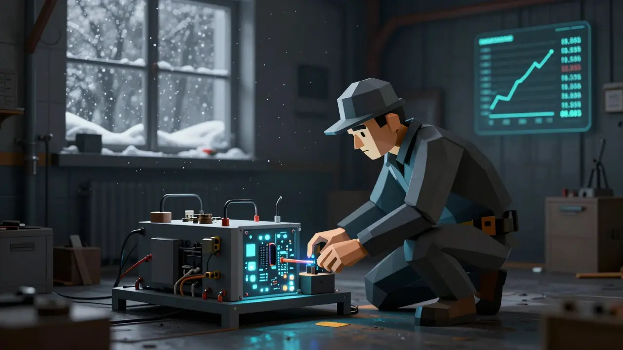 A miner in a cold warehouse surrounded by glowing mining rigs, symbolizing human cost of sanctioned crypto operations.