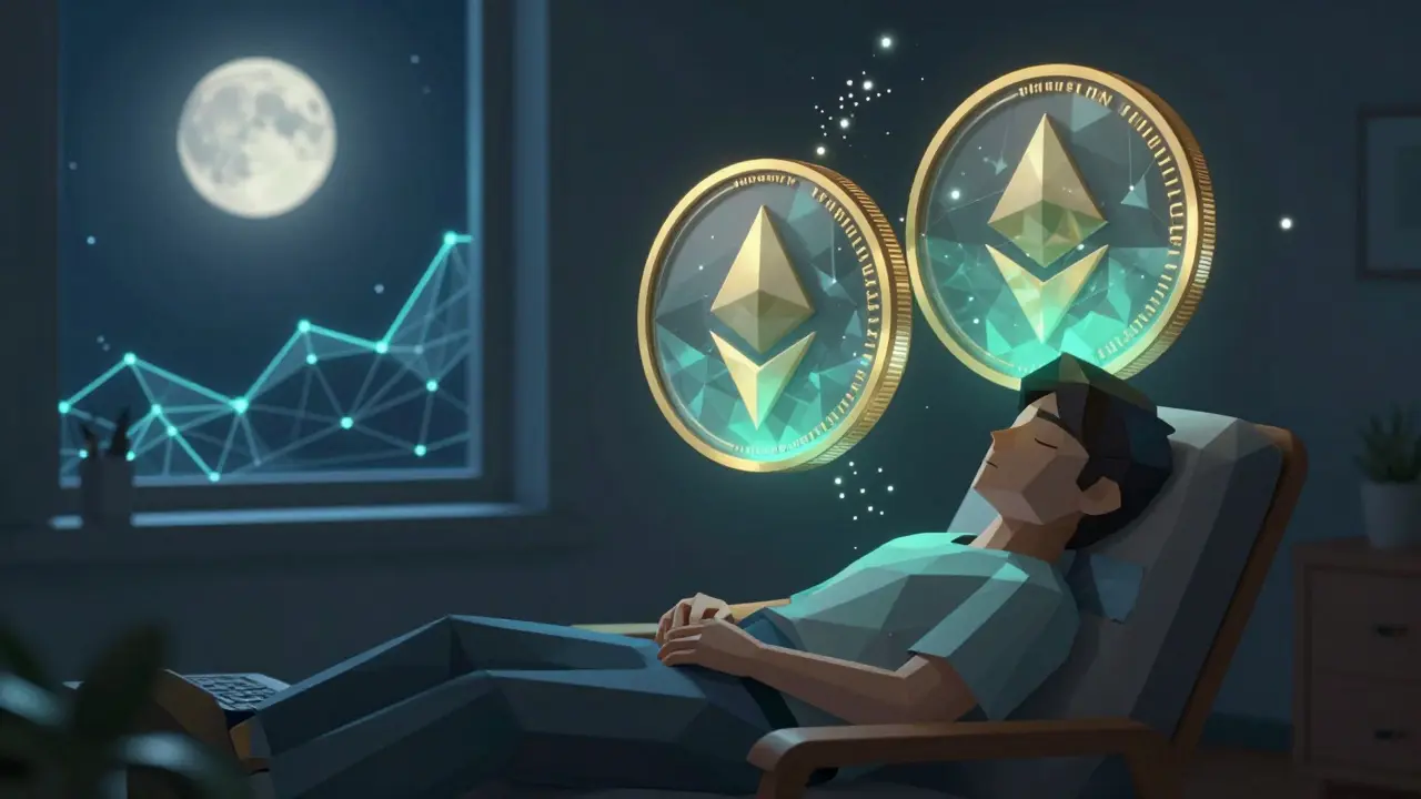 A person sleeping as low-poly crypto coins emit glowing particles forming a rising graph above them.