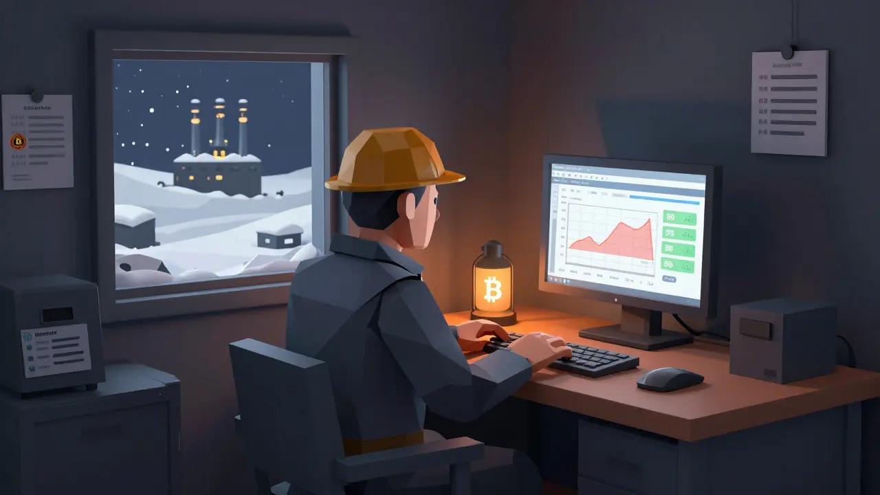 A registered miner in a quiet room, surrounded by government-tagged hardware, watching tax and price data.