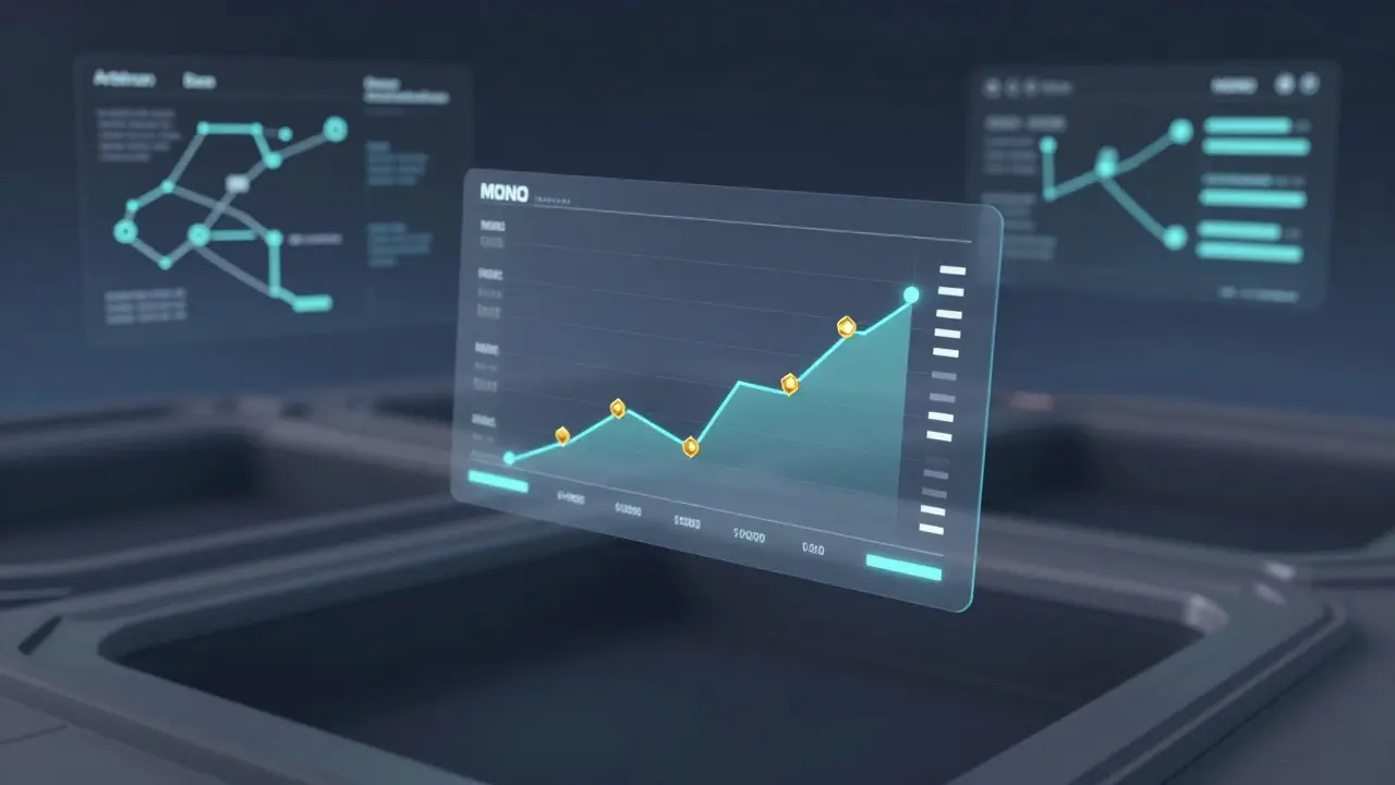 A silent dashboard with minimal MONO token volume and fading roadmap elements in low-poly style.