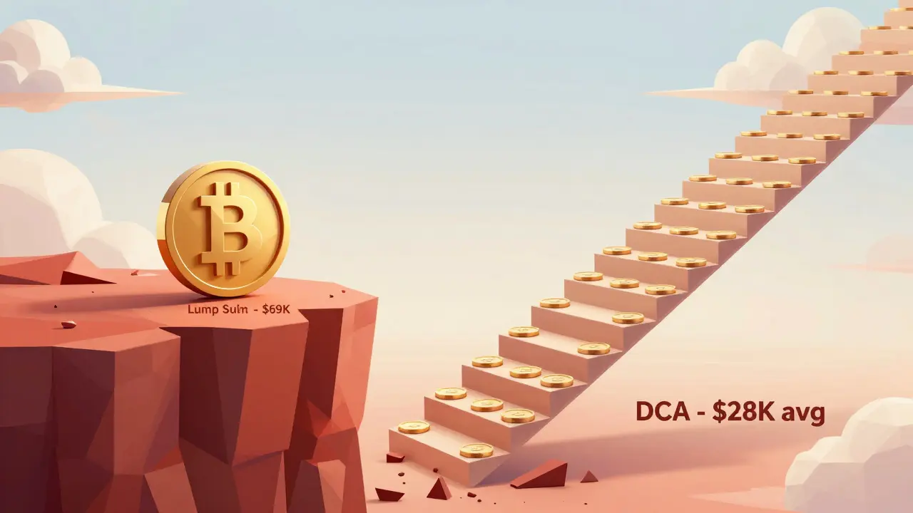 A split scene comparing a crumbling lump-sum investment to a steady ascending staircase of DCA purchases.