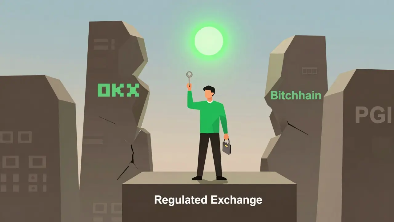 A user standing safely on a regulated exchange platform while failed exchanges crumble behind.