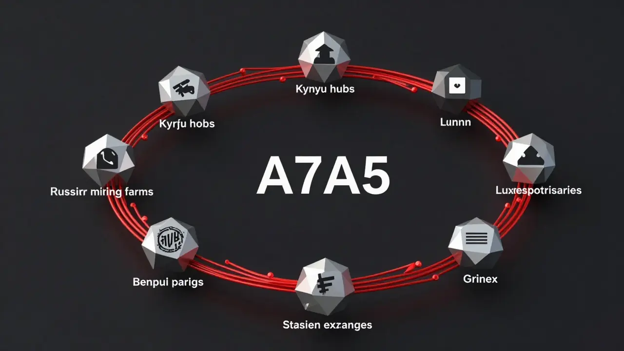 Abstract low-poly network of Russian crypto transactions linking mining farms, Kyrgyz hubs, and sanctioned exchanges.