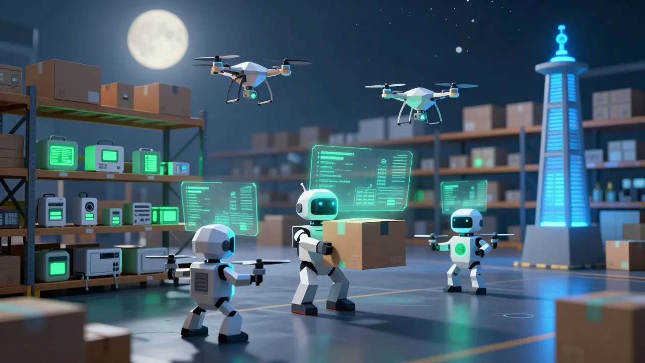 AI agents coordinating drone deliveries in a smart warehouse with blockchain data streams.