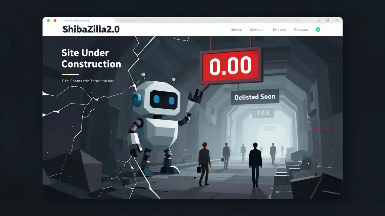 An abandoned website frozen on 'Site Under Construction' with bot avatars and a zero market cap sign overhead.