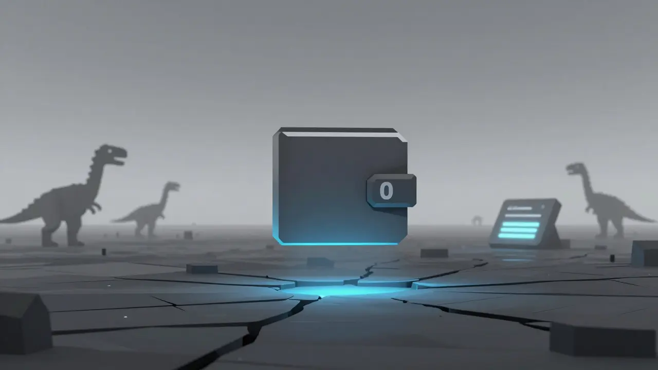 An empty digital wallet in a desolate metaverse with a glowing contract address.