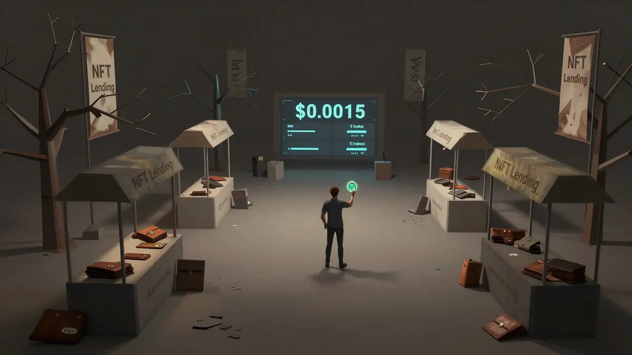 An isolated user in an empty digital marketplace with a dead PINE token dashboard.