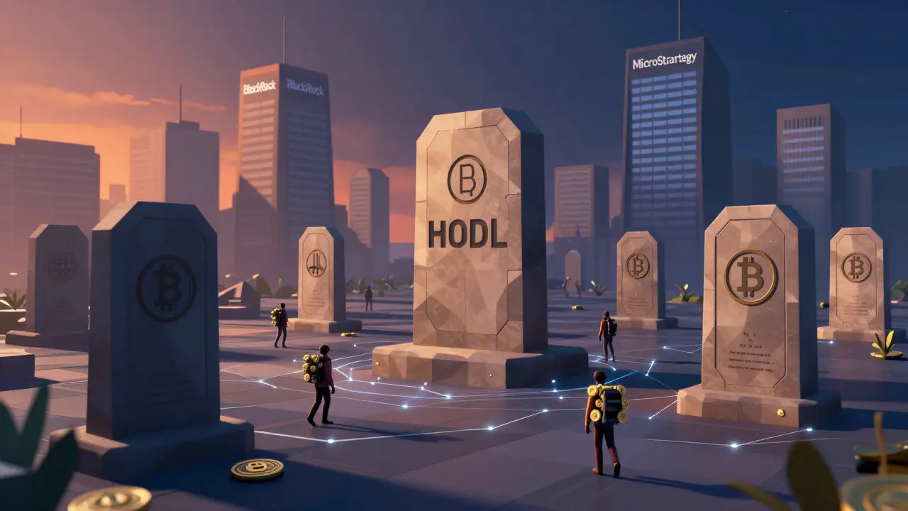 Ancient HODL monoliths rise in a digital landscape as corporate buildings loom in the distance.