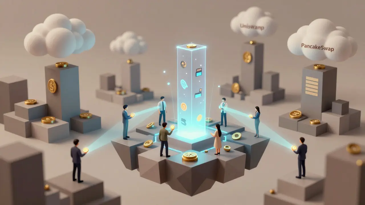 Aptos ecosystem as a low-poly city, Liquidswap tower emitting zero-fee energy beams.