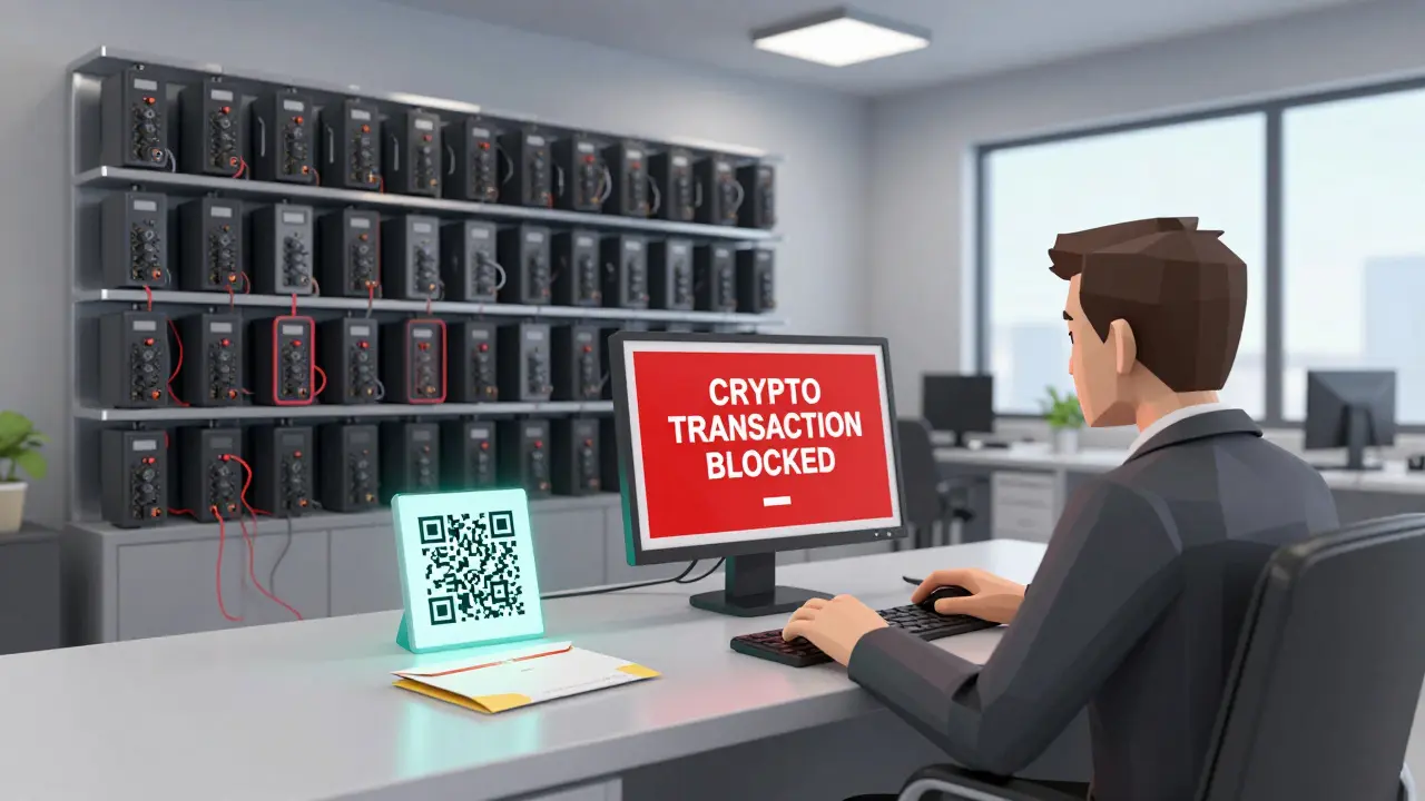 Beijing office with blocked crypto alert, dismantled mining rigs, and a glowing e-CNY QR code on desk.