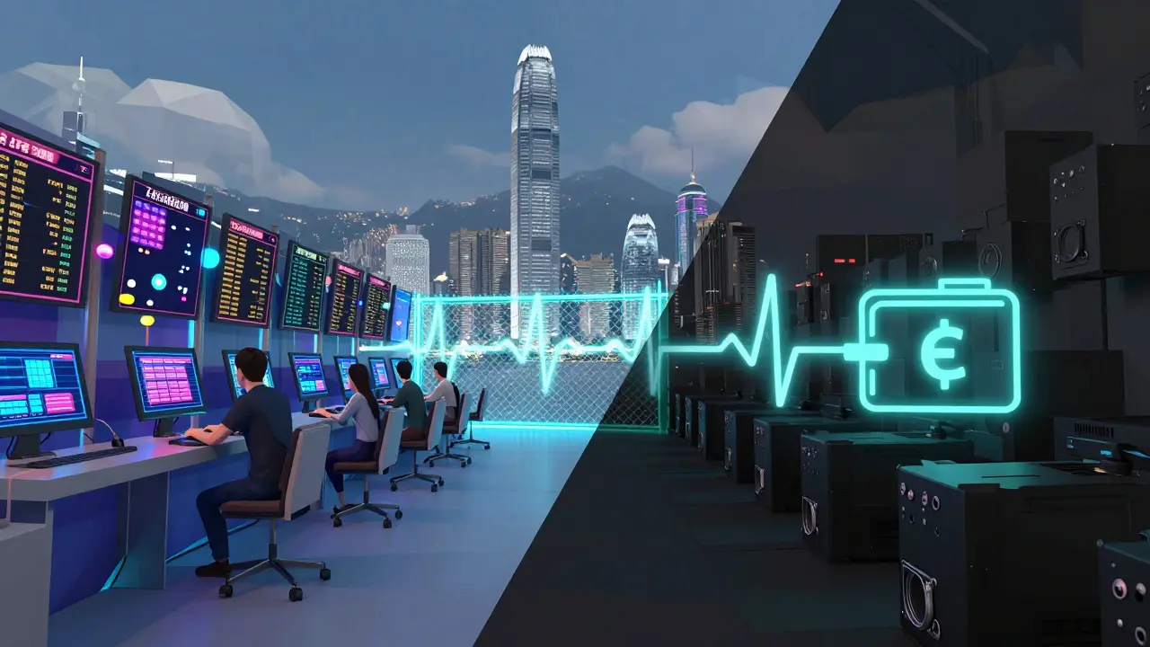 Border between Hong Kong and Shenzhen: crypto activity on one side, silent mining hardware on the other, with e-CNY icon pulsing.