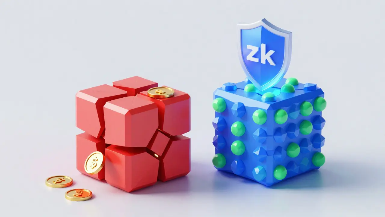 Broken sidechain leaking tokens beside a secure one, with a protective zk-Rollup shield above, all in low-poly digital style.