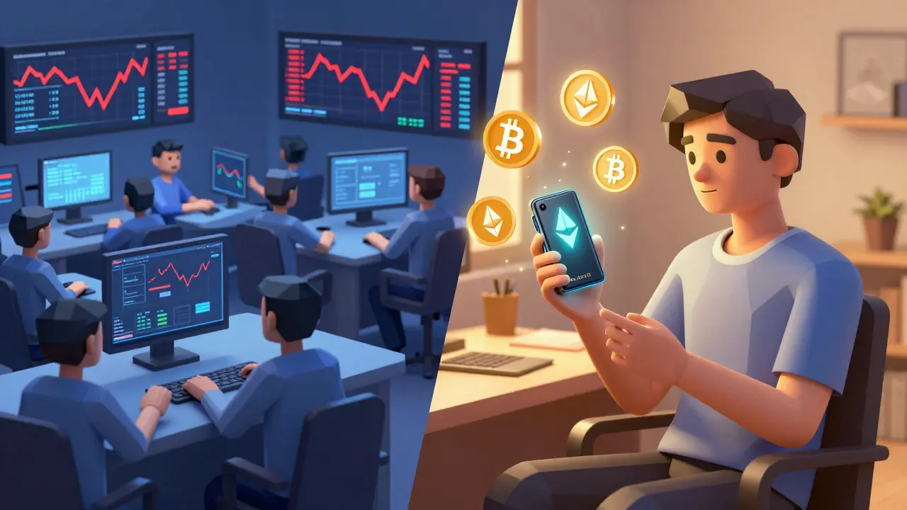 Calm HODLer with hardware wallet contrasts chaotic trading floor in split-screen scene.