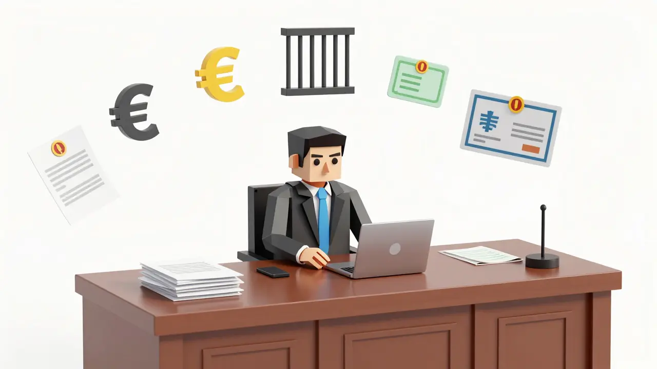 CEO facing regulatory consequences with floating fines, jail bars, and revoked licenses.