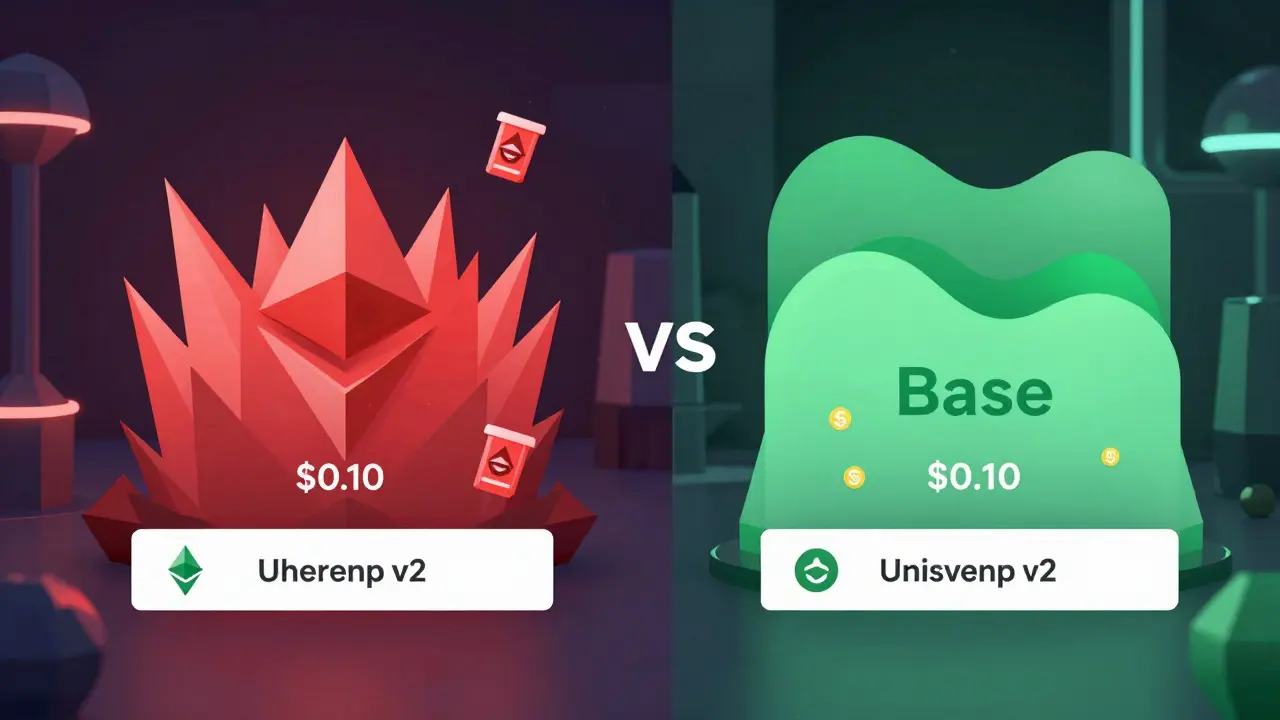 Comparison of high-cost Ethereum and low-cost Base transactions with geometric visual cues.