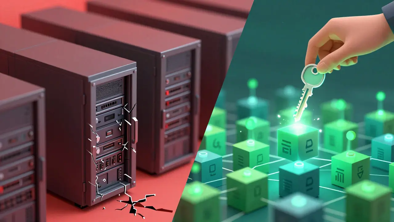 Contrasting corporate server vault cracking vs. a resilient network of glowing storage nodes under user control.