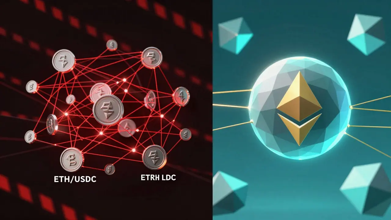 Contrasting scenes: tangled token pairs vs. clean single-token liquidity with vCASH and blockchains.