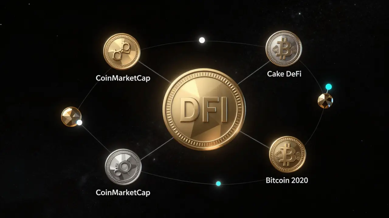 DFI tokens floating in space, connected to sources like Cake DeFi and Bitcoin 2020.