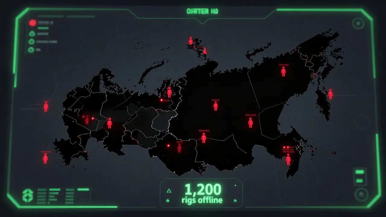 Digital map of Russia showing banned mining regions and remote power disconnections across the grid.