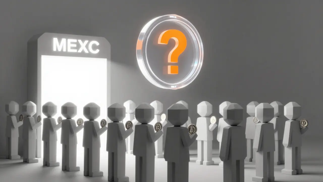 Faceless avatars waiting to enter an exchange portal, with a question-mark DSG token above.