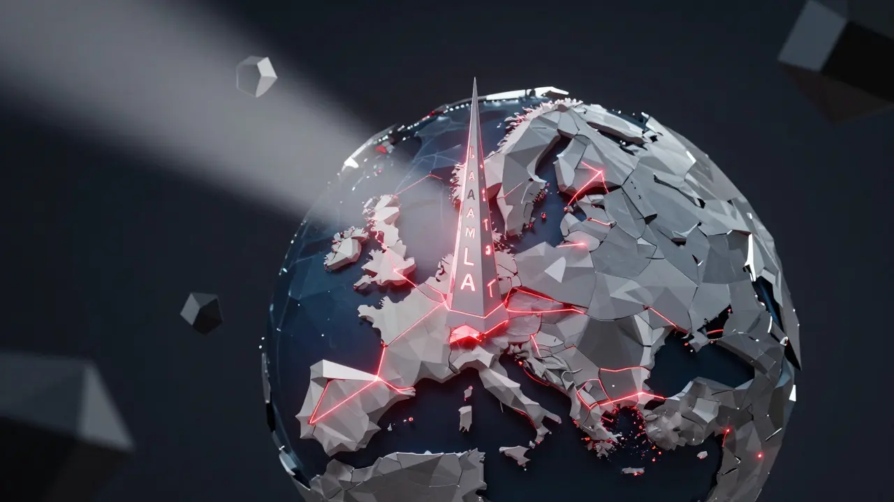 Fragmented EU map connected by compliance lines to a central AMLA authority tower.