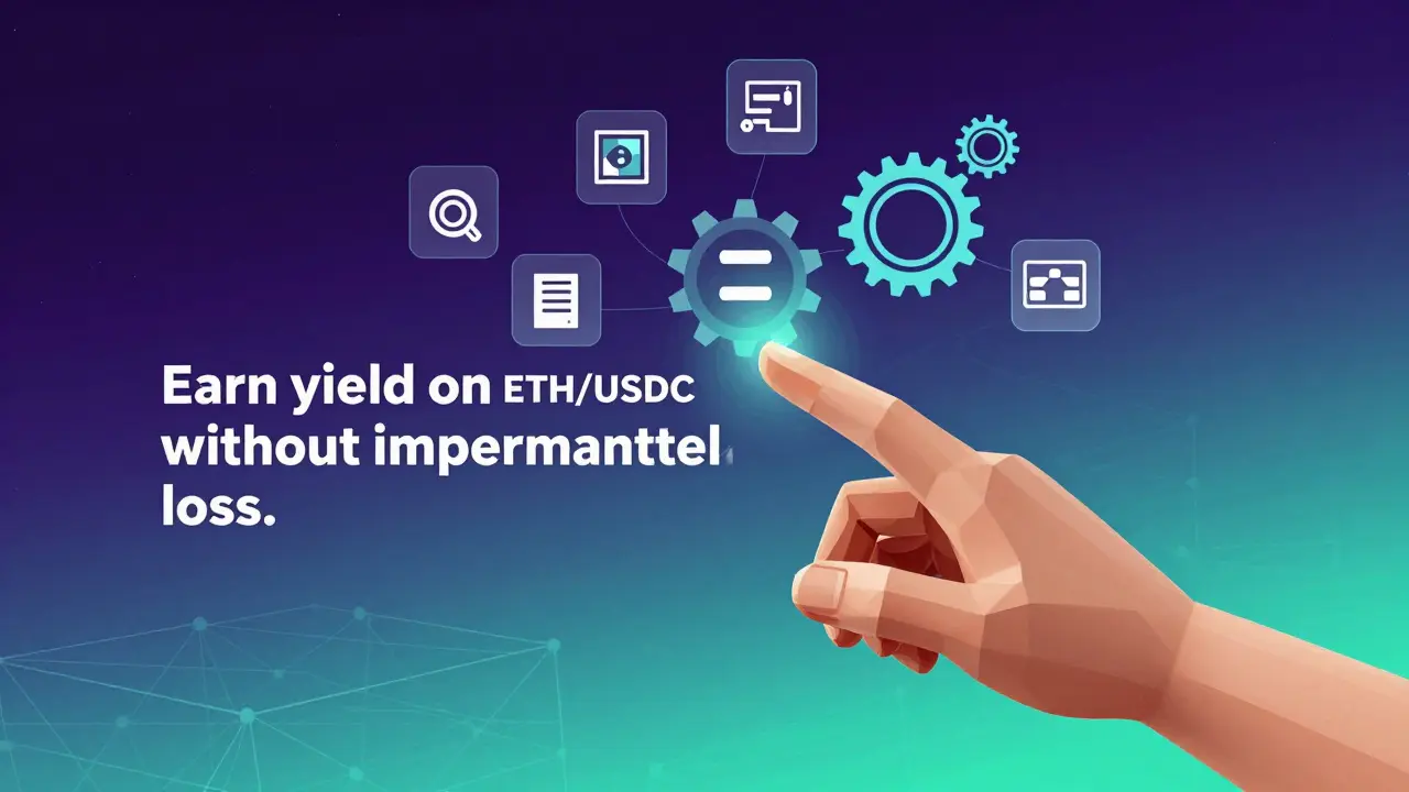 Hand typing a DeFi command as automated solvers and gears activate in low-poly style.