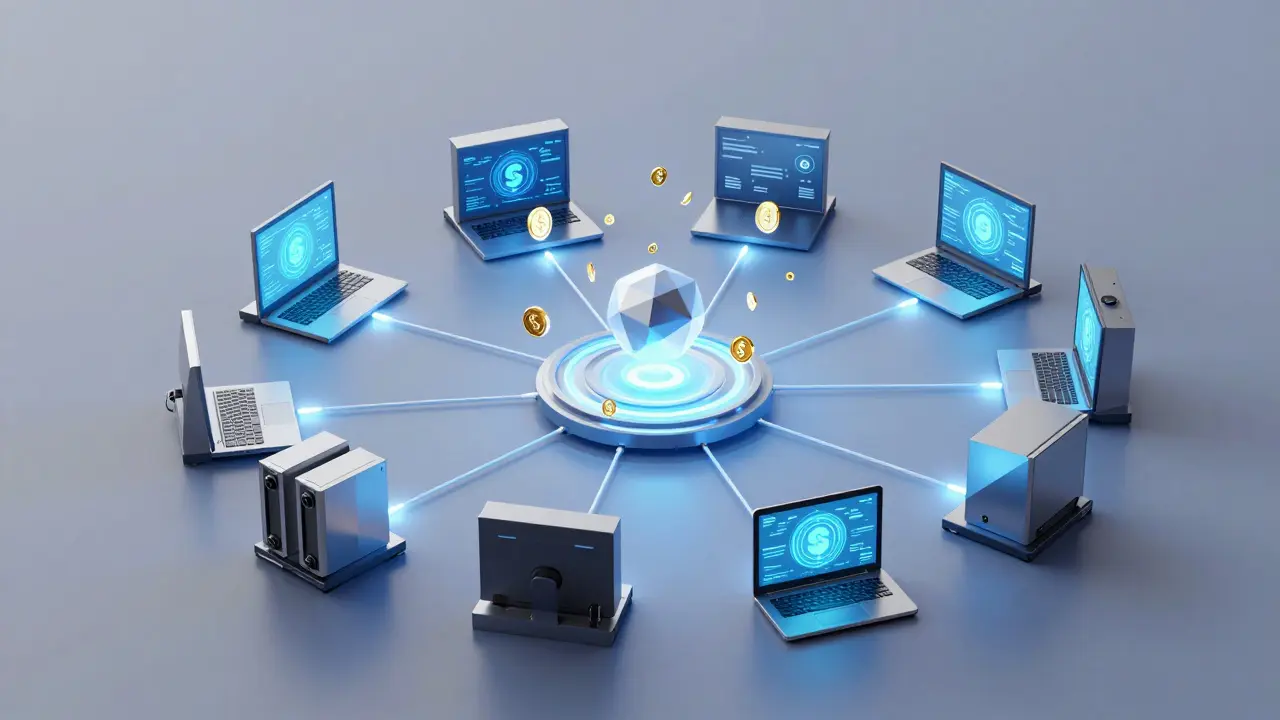 Hundreds of low-poly devices contributing compute power to a central AI Swarm.