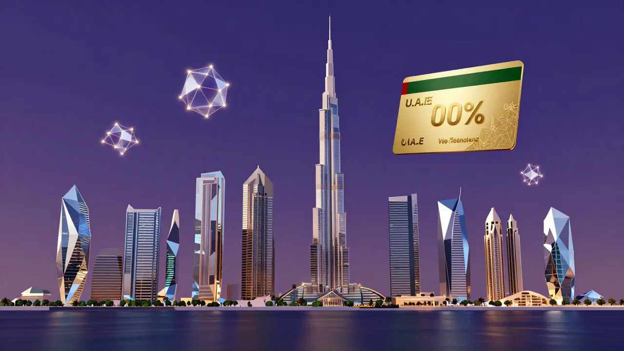 Low-poly Dubai skyline with floating blockchain nodes and zero-tax icon