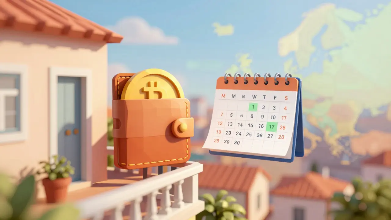 Low-poly Lisbon balcony with crypto wallet and 12-month calendar