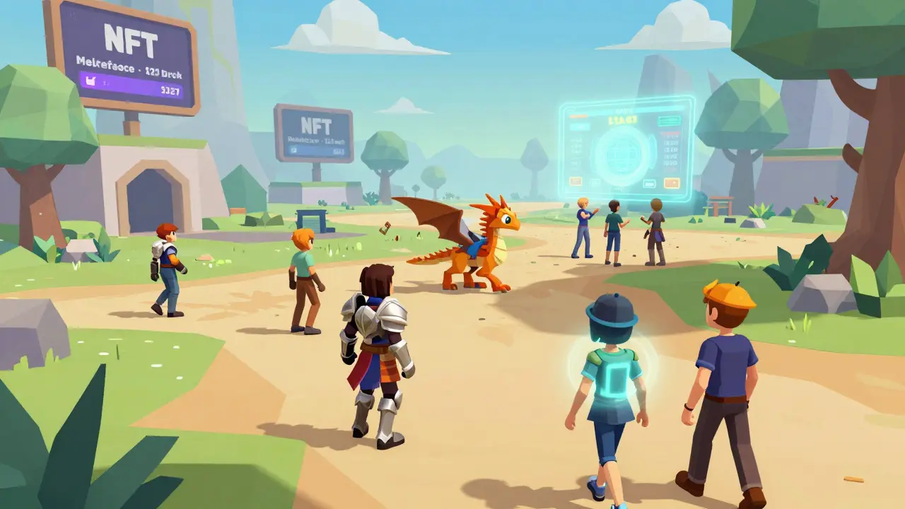 Players in an open world wearing interoperable NFT gear from different games.