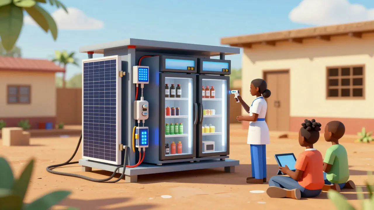 Rural clinic powered by repurposed mining hardware, providing electricity for medical devices and children's learning tablets.
