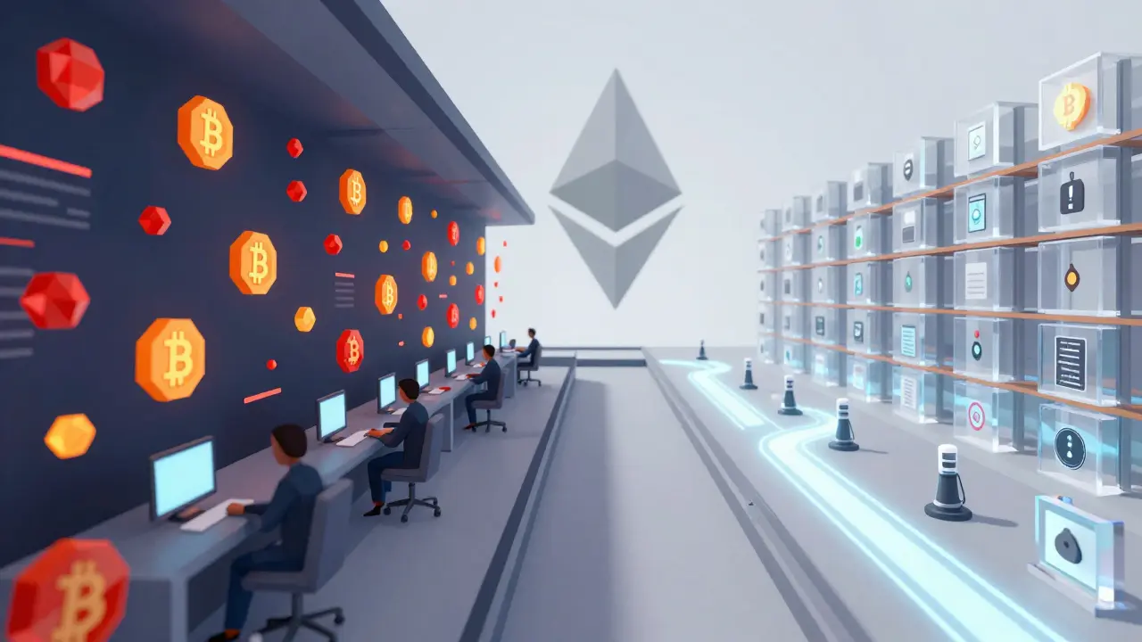 Split low-poly scene showing high-speed trading on one side and enterprise supply chain tracking on the other, linked by a bridge.