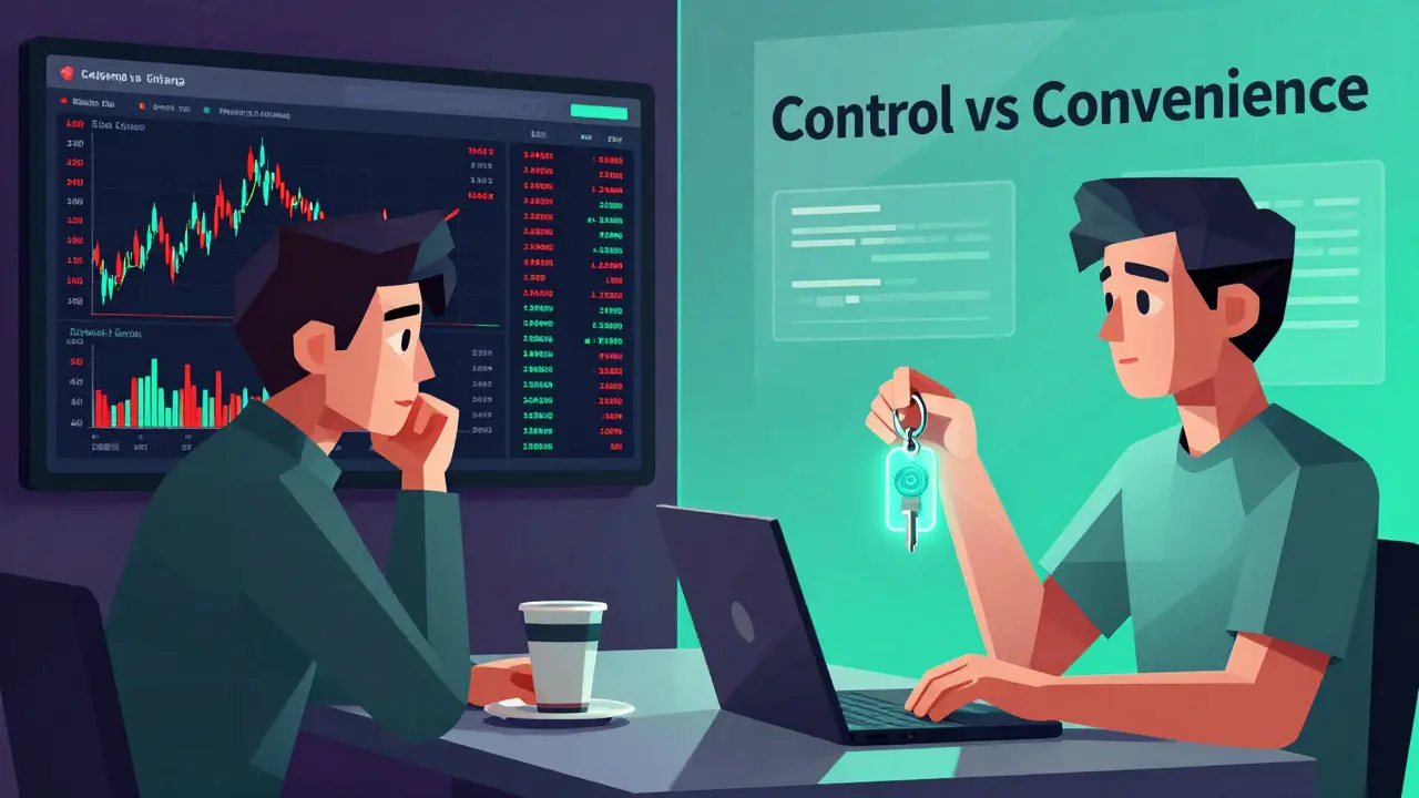 Split scene: centralized exchange chaos vs calm Block DX interface with private key, in low poly geometric style.