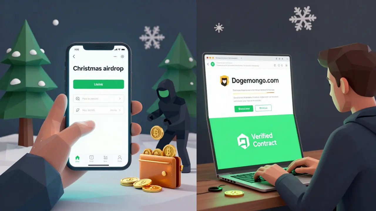 Split scene: one side shows a scam link draining crypto, the other shows a user verifying the official DogemonGo website.