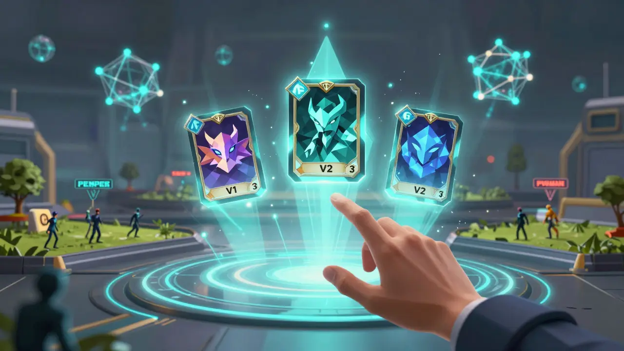 Three evolving Dream Card NFTs ascending toward a holographic portal.