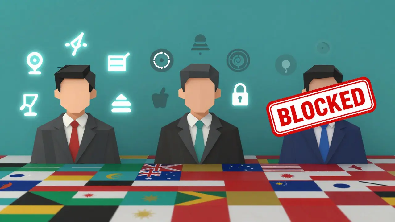 Three users in identical rooms with different OKX access levels based on country restrictions
