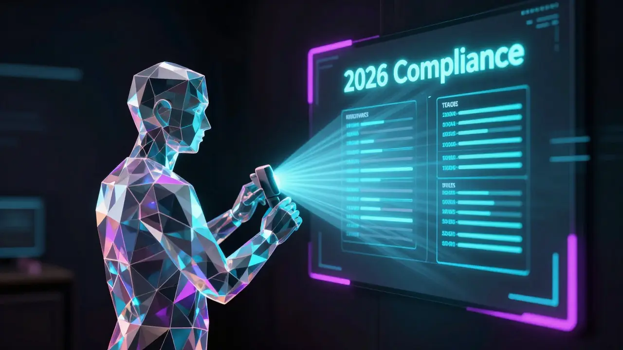 Transparent figure being scanned by light projecting crypto transaction history for tax compliance.