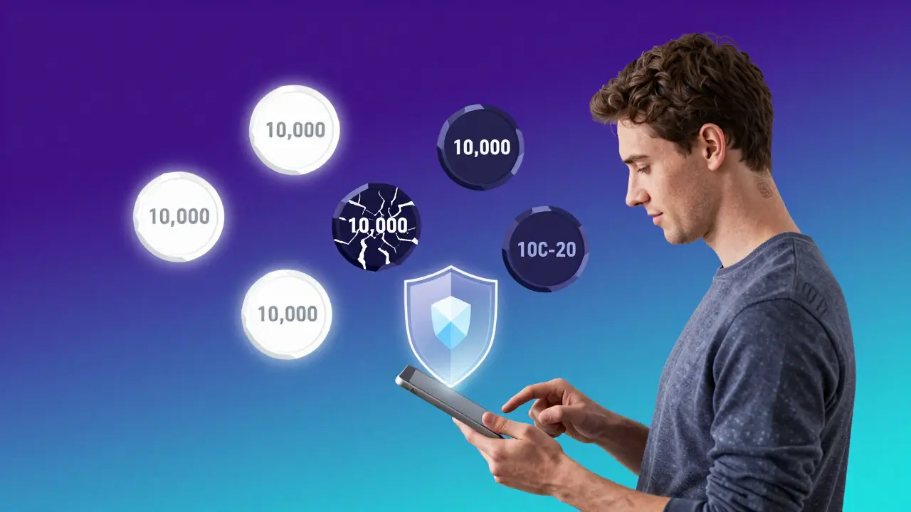 User swapping tokens with safe and scam tokens represented as low-poly geometric shapes.