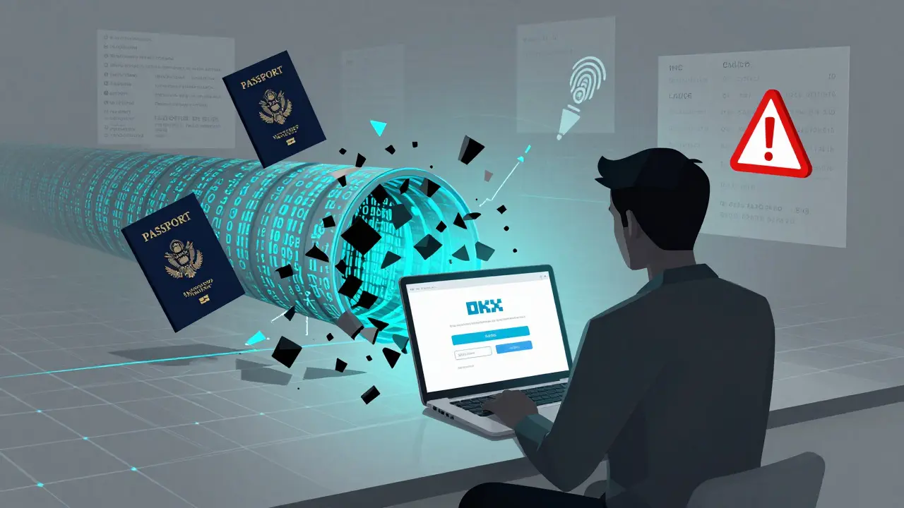 User trying to access OKX while digital barriers and verification data collapse around them