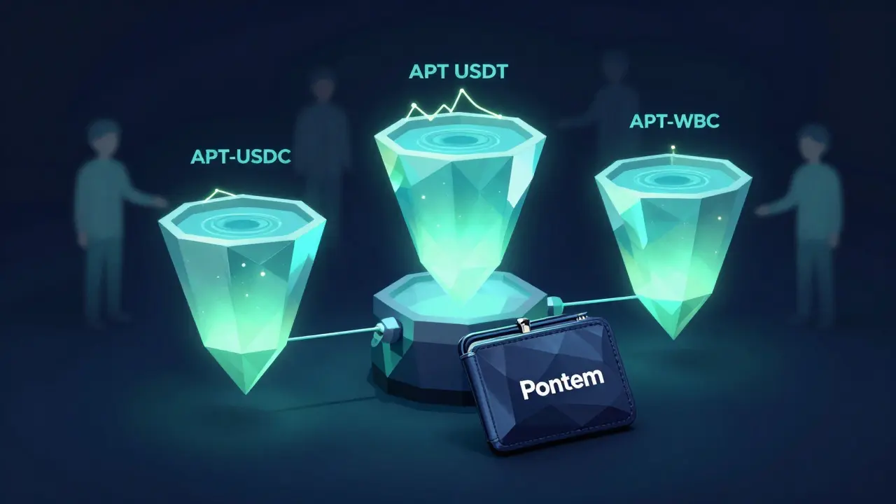 Wallet connected to Aptos blockchain with three liquidity pools glowing in geometric form.