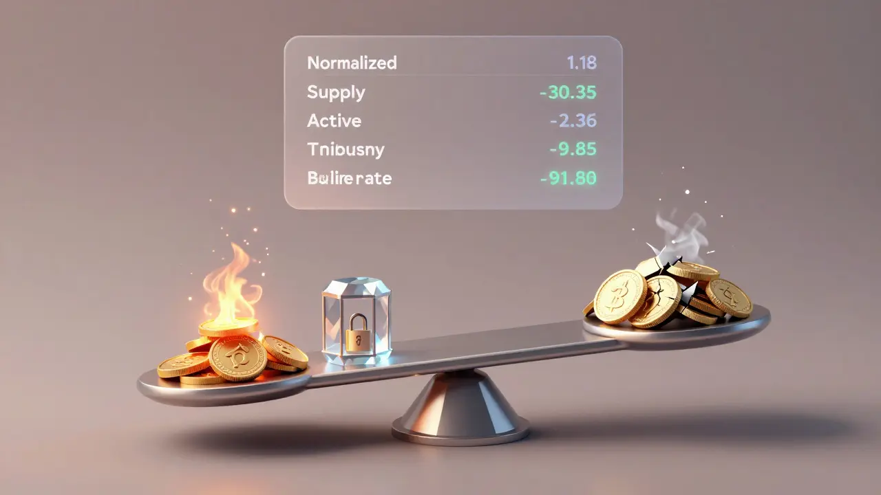 A balanced scale showing token burning, staking, and rewards versus collapsing tokens from failed economics.