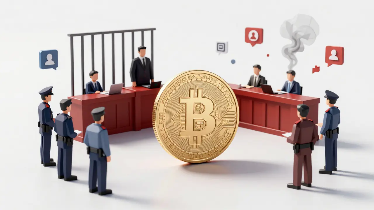 A Bitcoin coin on trial in a courtroom surrounded by authority figures.