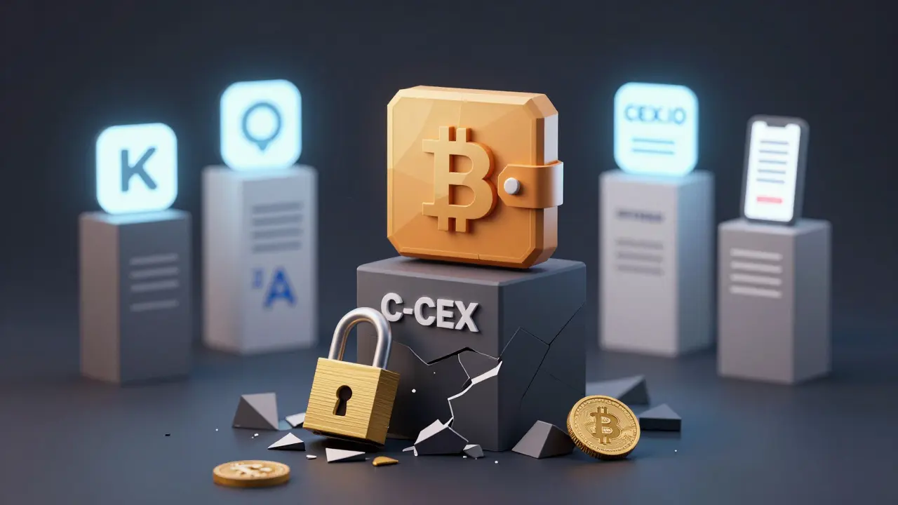 A broken C-CEX wallet on a crumbling pedestal next to shattered security icons, while trusted exchanges stand strong in the distance.