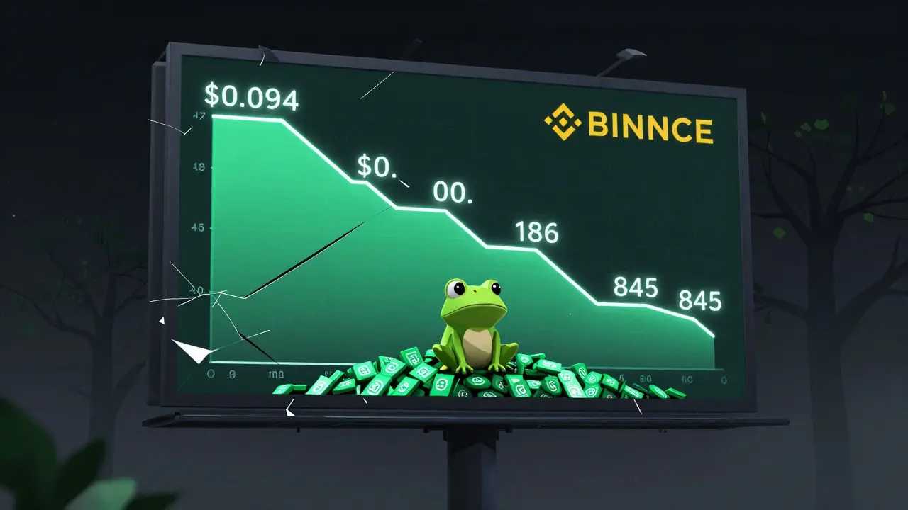 A broken digital billboard shows MAJOR's price crash, with a frog atop millions of tokens.