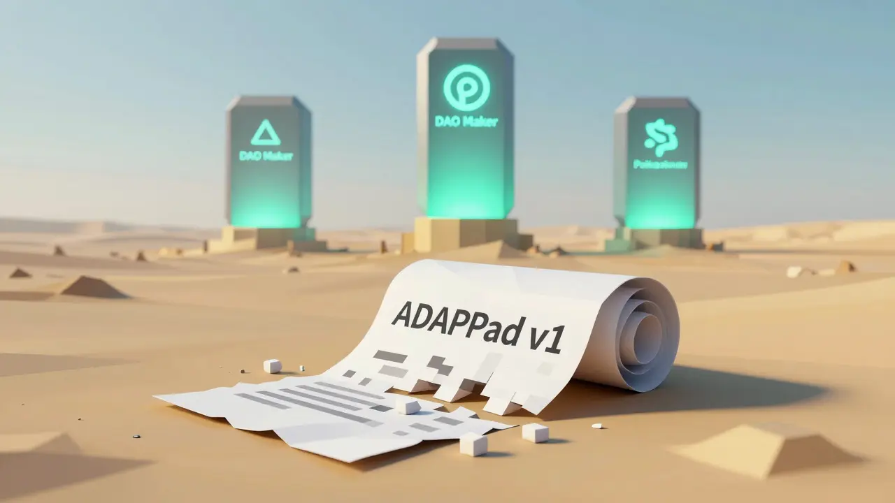 A crumbling ADAPad whitepaper dissolving as verified launchpads stand strong in the distance.