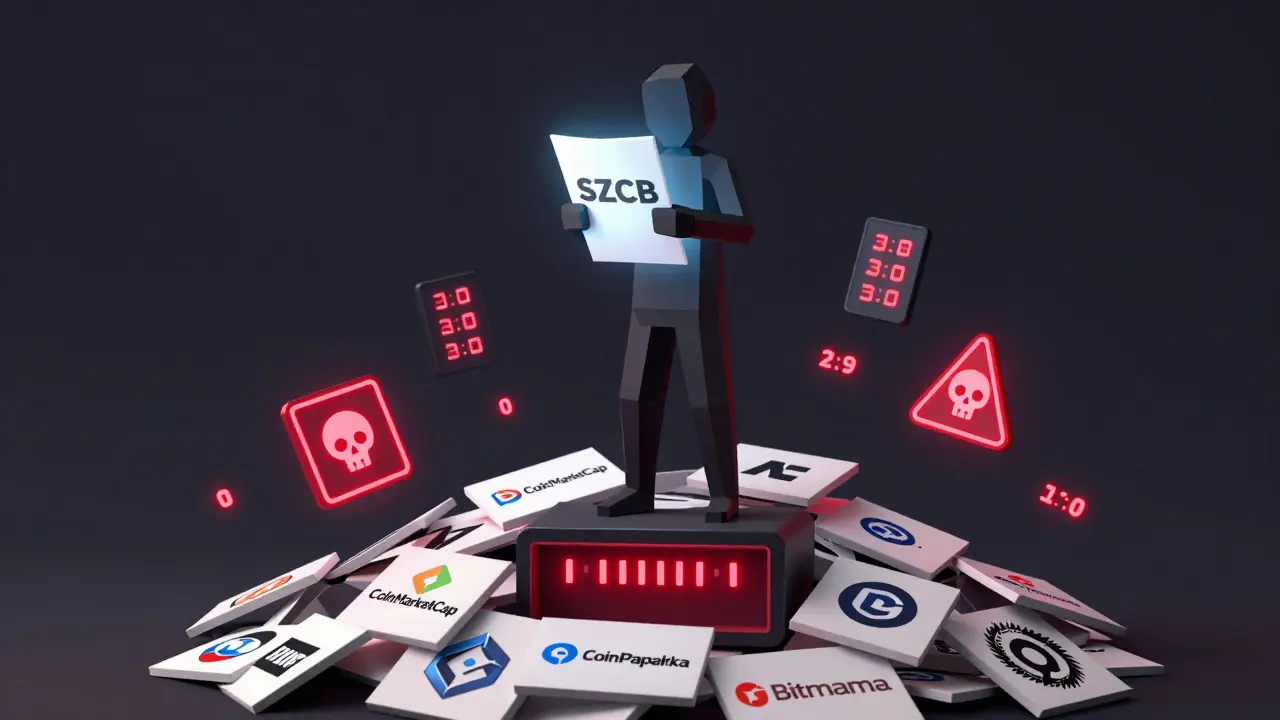 A faceless figure holding a whitepaper atop fake exchange logos, with a zero supply meter and warning sign.