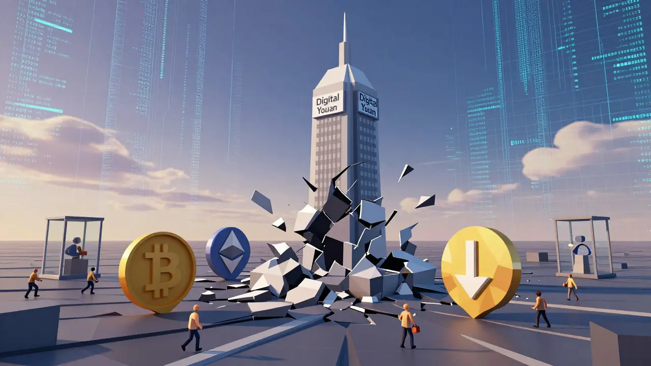 A fractured world with a central digital currency tower and shattered crypto nodes, tiny figures trapped in glass cages.