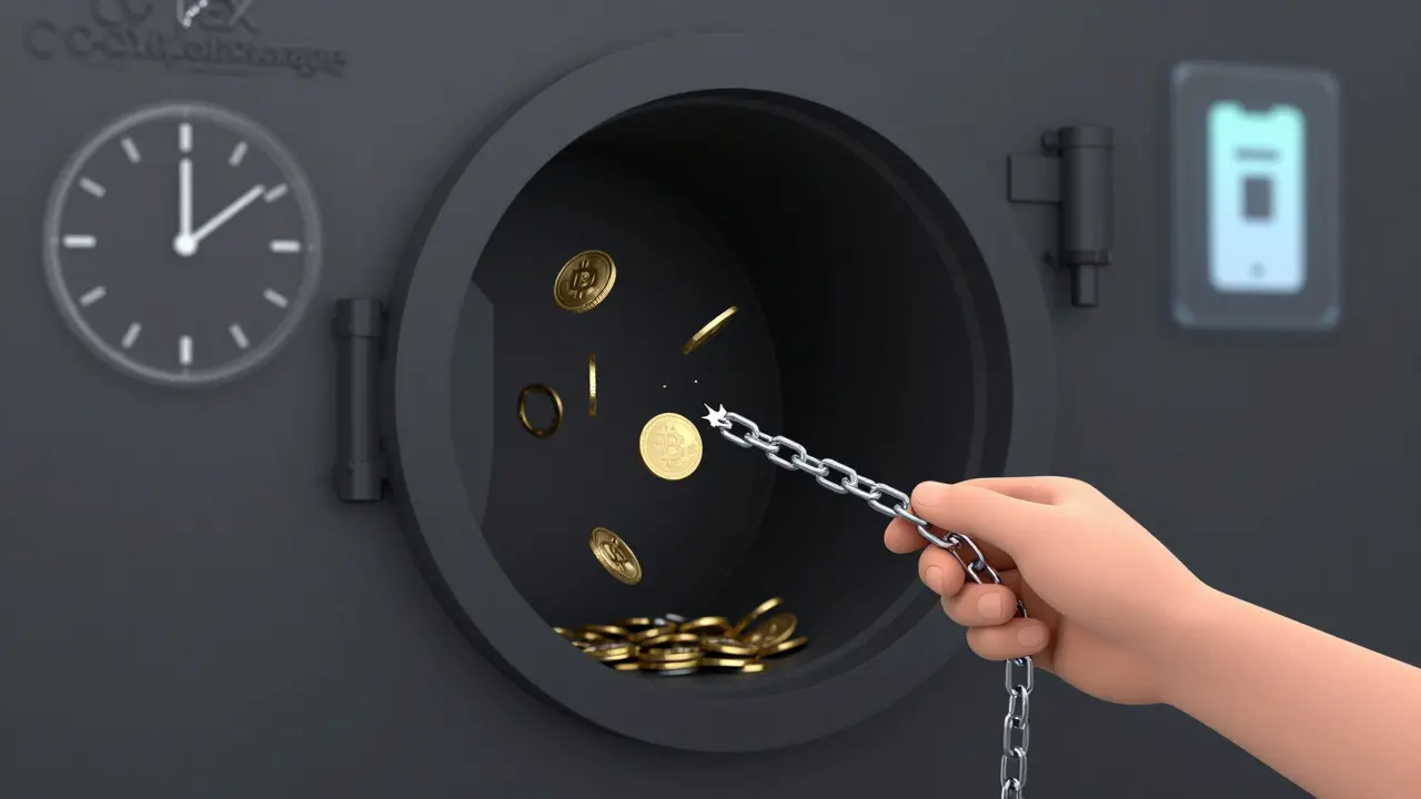 A hand pulling crypto coins from a hollow vault with chains breaking, as time ticks past 72 hours and a mobile app glows far away.