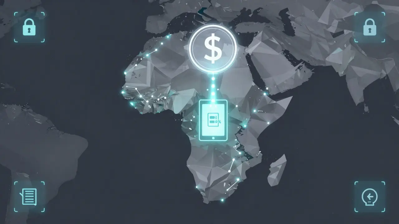 A map of East Africa showing delivered tablets with a token stream flowing to a central tablet icon.