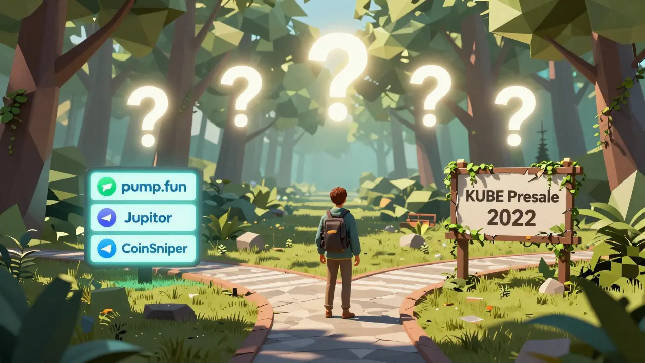 A traveler at a crossroads between active crypto projects and a dead KUBE presale sign.